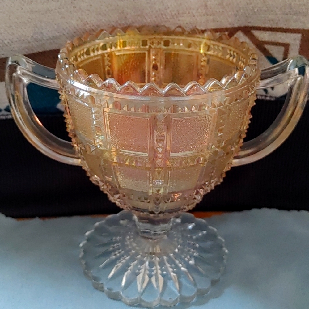 Vintage Circa Pressed Glass Sugar Bowl Marigold Color Square Pattern Diamond Cut